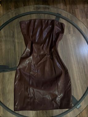 Strapless Faux Leather Bodycon Dress in Deep Brown